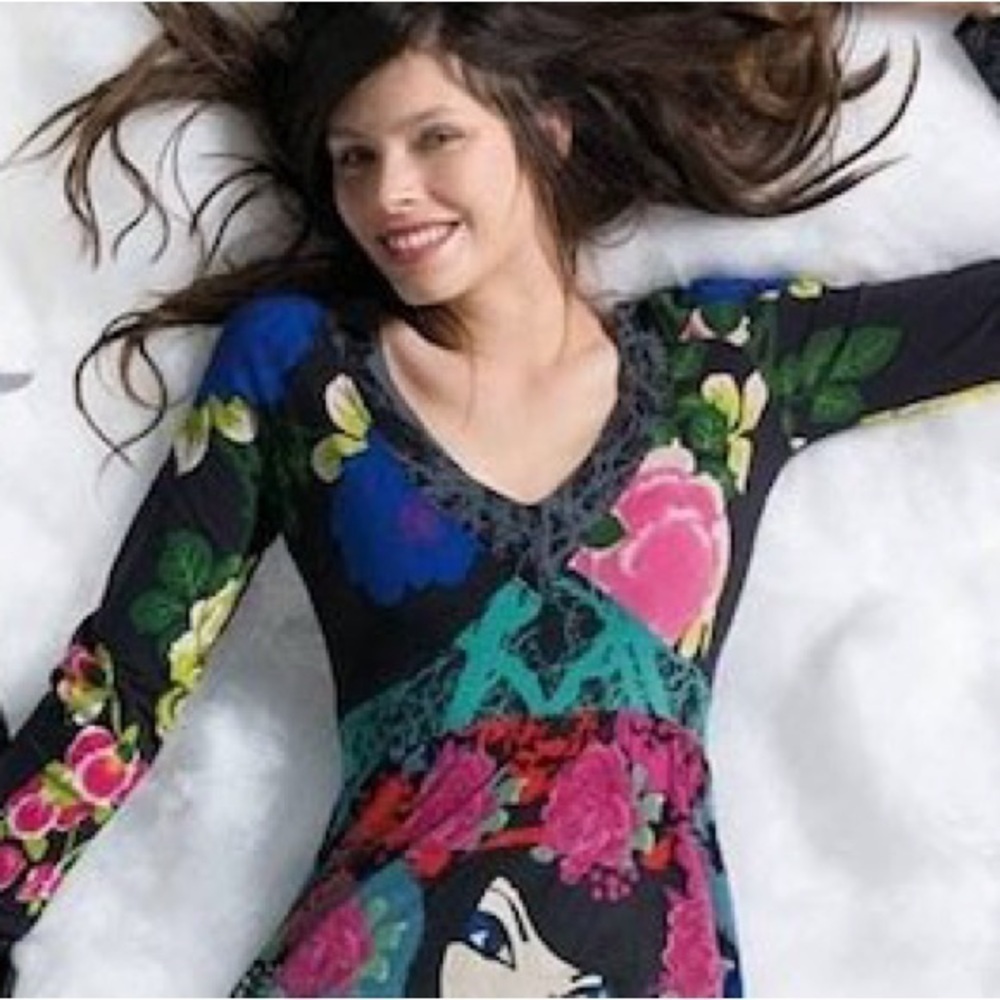 DESIGUAL V Neck Embroidered Multi Print Top Long Sleeve Small - Picture 2 of 12